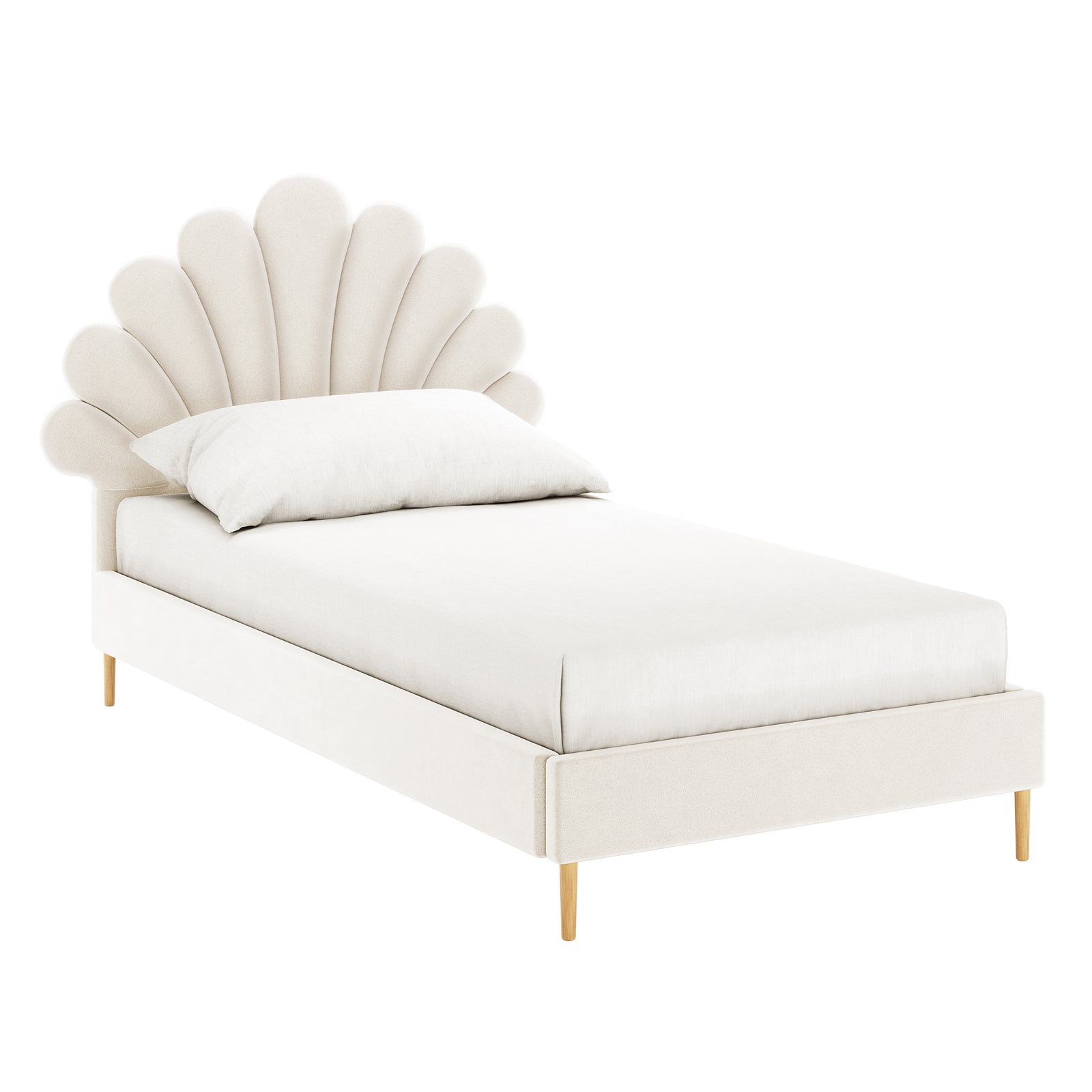Fayette Kids Single Velvet Fabric Bed Frame in Cream White features a scalloped, seashell-shaped headboard and wooden legs, offering a whimsical and cozy design perfect for a child's dream bedroom.