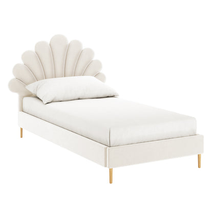 Fayette Kids Single Velvet Fabric Bed Frame in Cream White features a scalloped, seashell-shaped headboard and wooden legs, offering a whimsical and cozy design perfect for a child's dream bedroom.