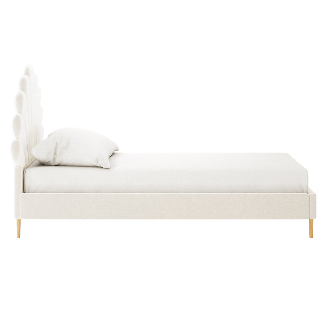 Fayette Kids Single Velvet Fabric Bed Frame in Cream White features a scalloped headboard and light wood legs, creating a whimsical and cozy sleeping area for children.