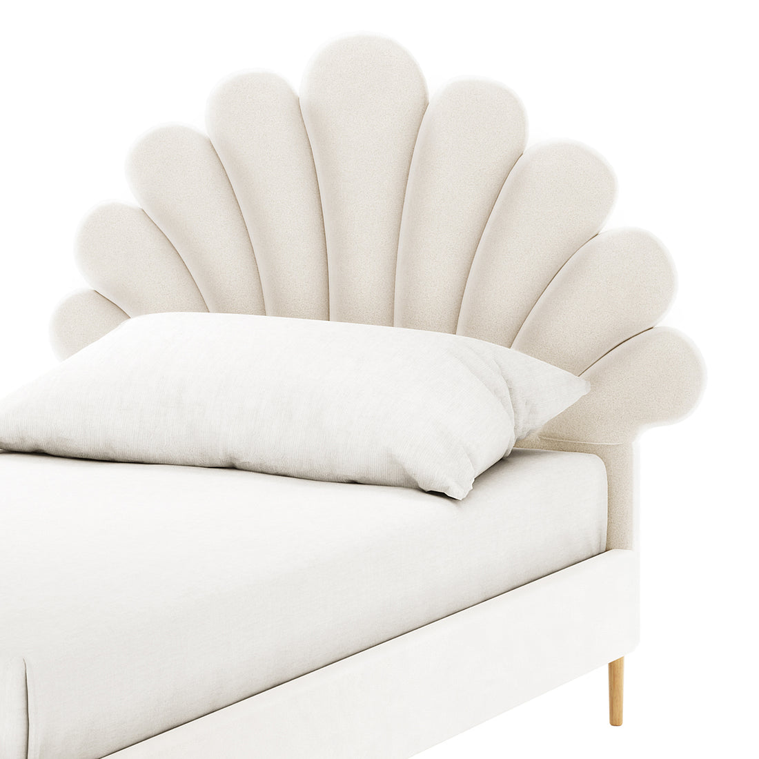 Fayette Kids Single Velvet Fabric Bed Frame in Cream White with a scalloped, fan-shaped headboard, upholstered in light cream velvet, resting on wooden legs. Dressed in white bedding with a single pillow.