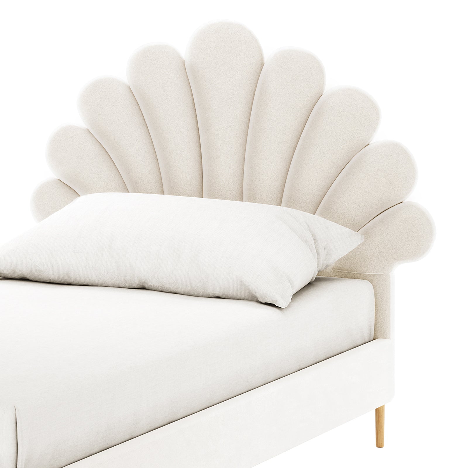 Fayette Kids Single Velvet Fabric Bed Frame in Cream White with a scalloped, fan-shaped headboard, upholstered in light cream velvet, resting on wooden legs. Dressed in white bedding with a single pillow.