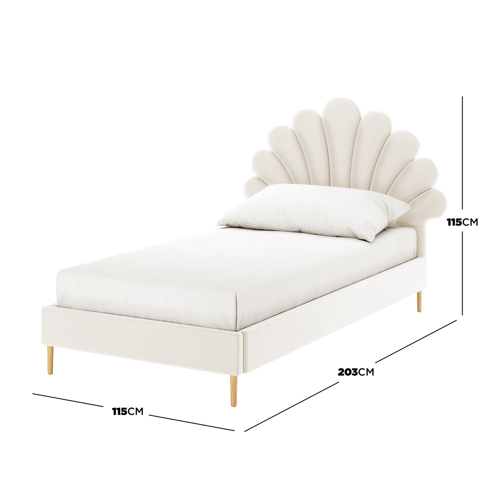 Fayette Kids Single Velvet Fabric Bed Frame in Cream White features a scalloped shell-shaped headboard and slender light-wood legs, with dimensions indicated as 115 cm wide, 203 cm long, 115 cm tall.