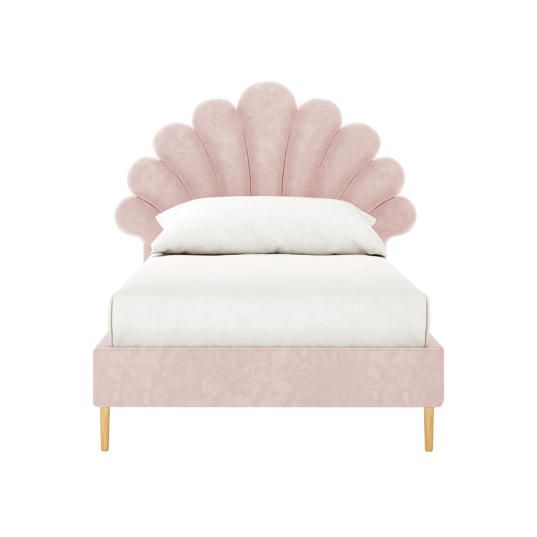 Fayette Kids Single Velvet Fabric Bed Frame in Soft Pink features a blush-pink upholstered frame with a scalloped shell-shaped headboard, white linens, and light wood tapering legs, creating a whimsical and cozy ambiance.