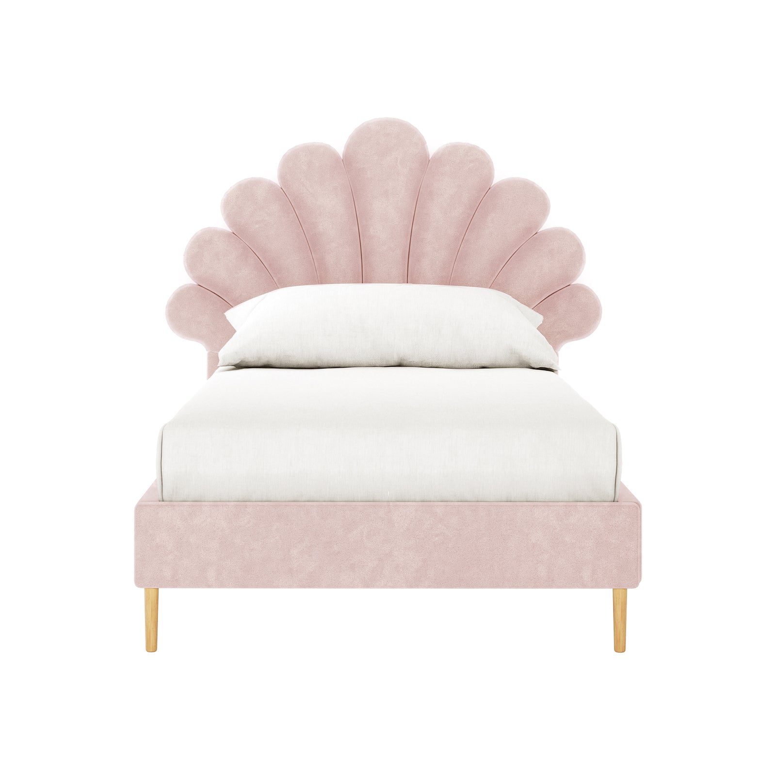 Fayette Kids Single Velvet Fabric Bed Frame in Soft Pink features a blush-pink upholstered frame with a scalloped shell-shaped headboard, white linens, and light wood tapering legs, creating a whimsical and cozy ambiance.