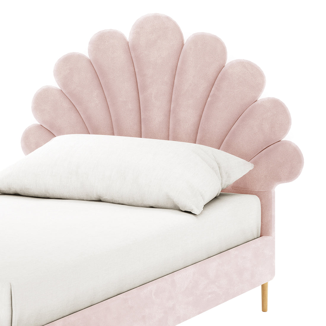 Fayette Kids Single Velvet Fabric Bed Frame in Soft Pink features a scallop-shaped, seashell-like upholstered headboard with white bedding and light wooden legs, offering a charming and cozy bedroom centerpiece.