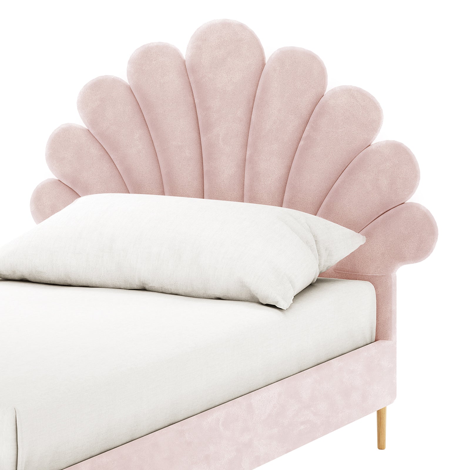 Fayette Kids Single Velvet Fabric Bed Frame in Soft Pink features a scallop-shaped, seashell-like upholstered headboard with white bedding and light wooden legs, offering a charming and cozy bedroom centerpiece.