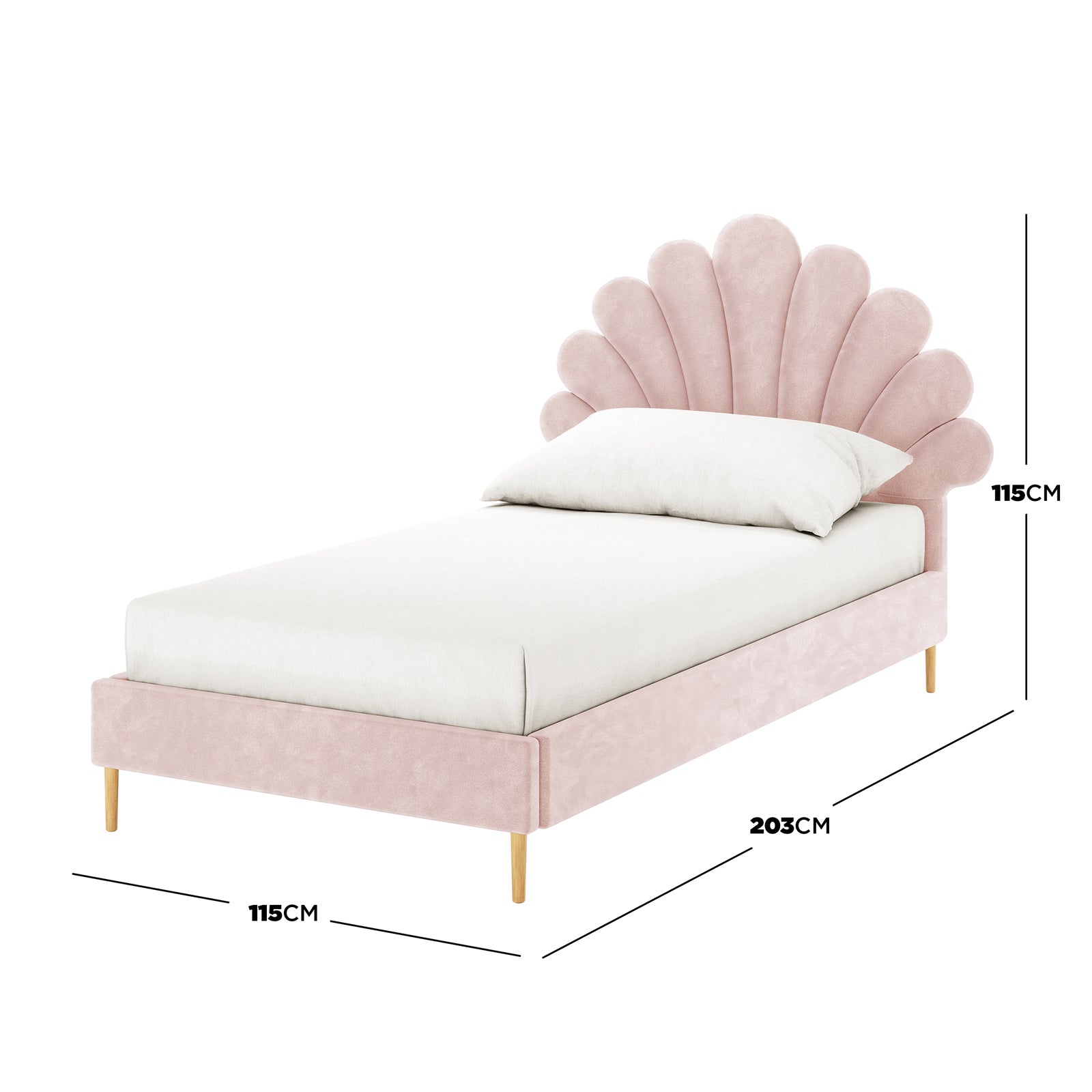 Fayette Kids Single Velvet Fabric Bed Frame in Soft Pink featuring a scalloped, shell-shaped headboard, low side rails, footboard, and simple wooden legs, designed with plush velvet upholstery for a whimsical touch.
