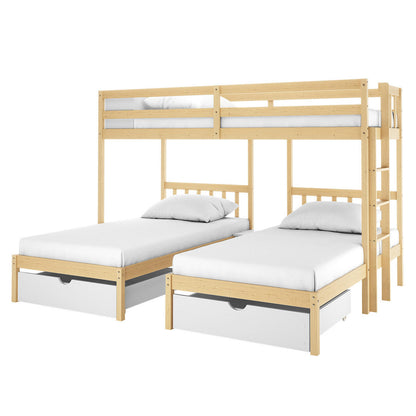 Aristos & Venus Bunk Bed & Mattress Package in White & Natural featuring a loft-style design with a top twin bunk, two lower twin beds, built-in ladders, guardrails, and pull-out storage drawers.