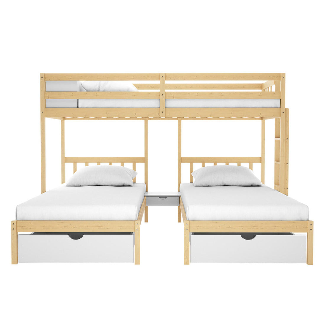 Aristos & Venus Bunk Bed & Mattress Package features a natural-wood triple bunk with a top bunk, two lower beds with storage drawers, a pull-out shelf, and an access ladder.