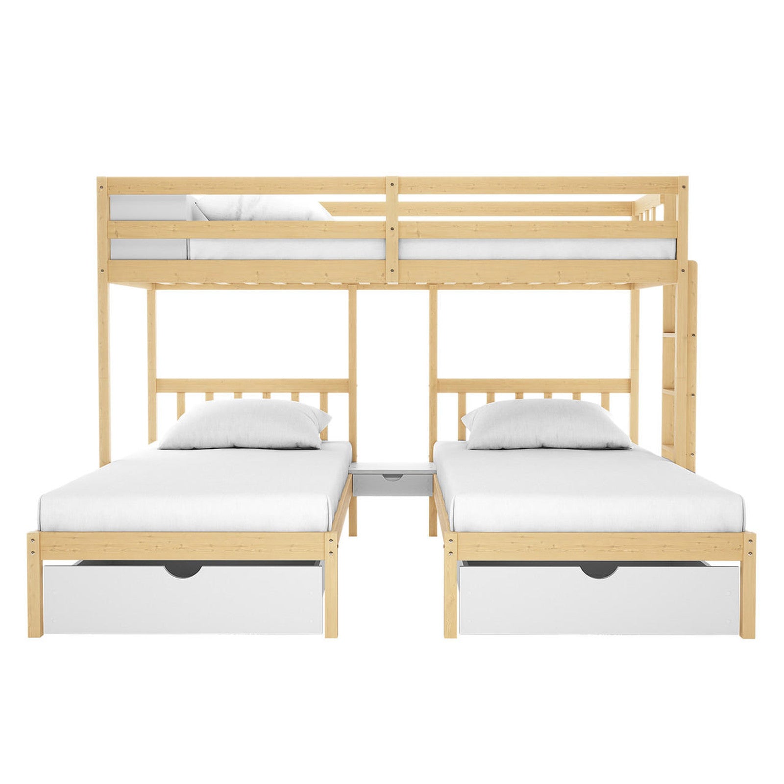 Aristos & Venus Bunk Bed & Mattress Package features a natural-wood triple bunk with a top bunk, two lower beds with storage drawers, a pull-out shelf, and an access ladder.