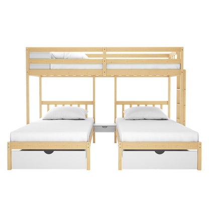 Aristos & Venus Bunk Bed & Mattress Package features a natural-wood triple bunk with a top bunk, two lower beds with storage drawers, a pull-out shelf, and an access ladder.