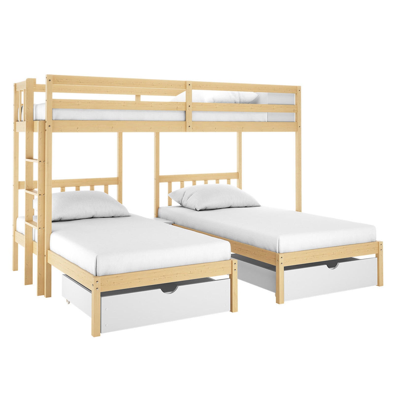 Aristos & Venus Bunk Bed & Mattress Package features a triple bunk with a loft bed, safety rails, ladder, two single beds below, pull-out storage, and white mattresses, offering both comfort and functionality.