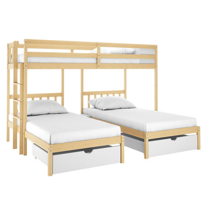 Aristos & Venus Bunk Bed & Mattress Package features a triple bunk with a loft bed, safety rails, ladder, two single beds below, pull-out storage, and white mattresses, offering both comfort and functionality.