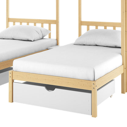 Aristos & Venus Bunk Bed & Mattress Package in White & Natural, featuring a light-wood twin bed frame with a pull-out storage drawer beneath, dressed with a white mattress and pillow.