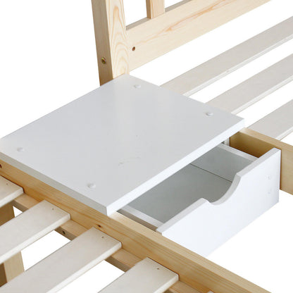 Aristos & Venus Bunk Bed & Mattress Package in White & Natural features a pine-wood frame, side storage drawer with shelf, and slatted mattress support, designed for three sleepers with added functionality.