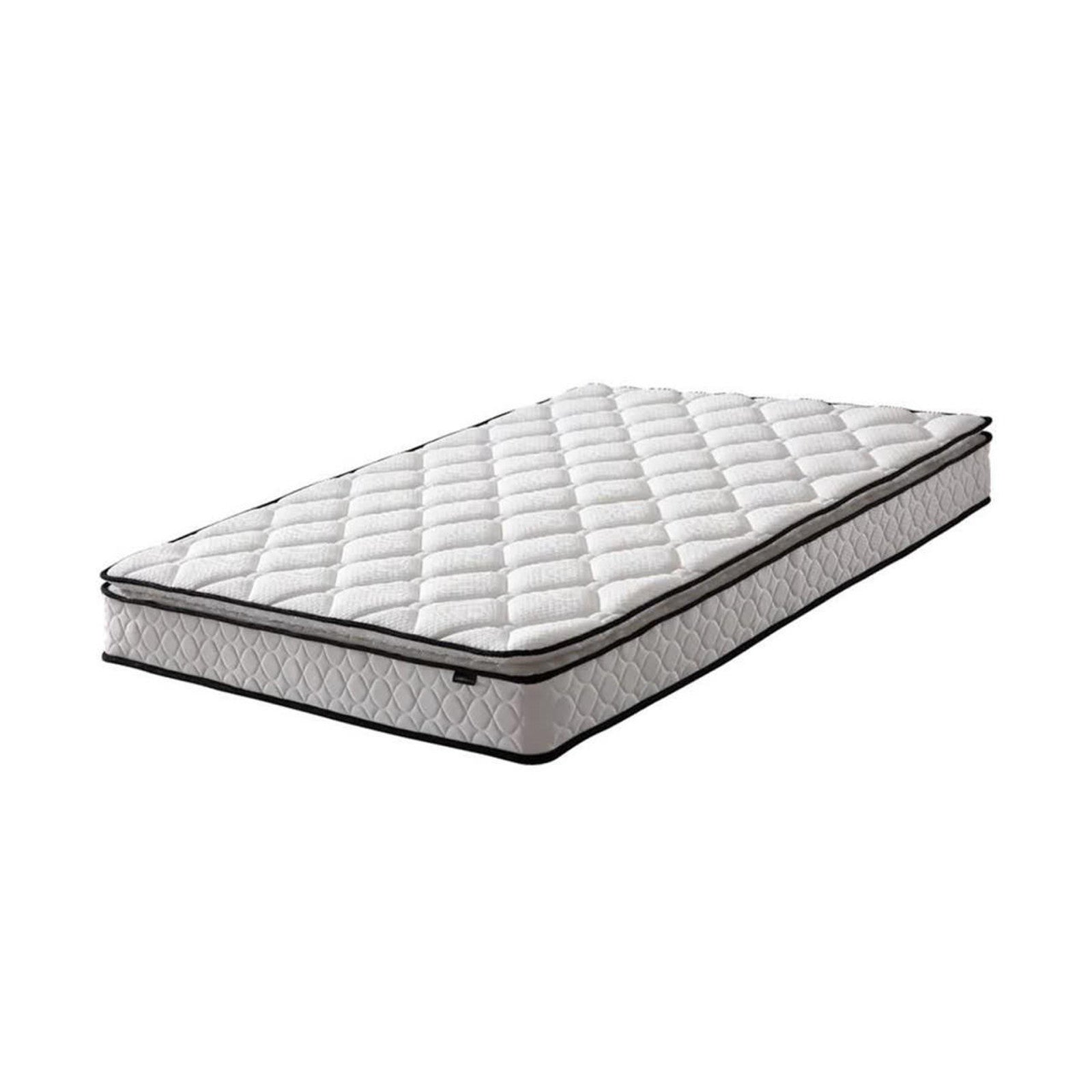 Aristos & Venus Bunk Bed & Mattress Package features a standalone white, quilt-padded Venus mattress with black trim, emphasizing its firm support, designed to complement the stylish, space-saving triple bunk bed setup.