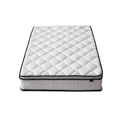 Aristos & Venus Bunk Bed & Mattress Package features a rectangular mattress with a white quilted top and black trim, complementing the triple bunk bed's space-saving design and versatile functionality.