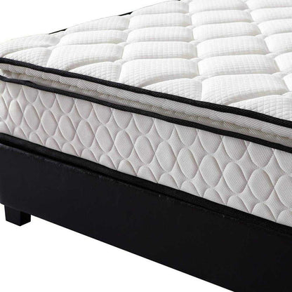 Corner view of the Aristos & Venus Bunk Bed & Mattress Package in White & Natural, showcasing the white quilted Venus mattress with black piping atop a sleek black bed base.