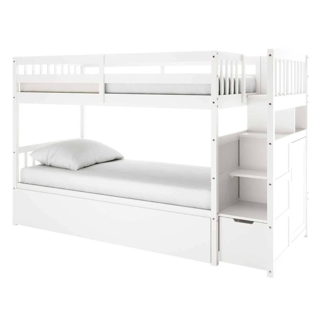 Flavia Timber Bunk Bed & Junior Mattress Package - White: A white wooden bunk bed with two sleeping platforms, built-in storage staircase, cubby shelves, and pull-out drawer, offering space-saving functionality and style.