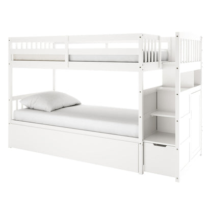 Flavia Timber Bunk Bed & Junior Mattress Package - White: A white wooden bunk bed with two sleeping platforms, built-in storage staircase, cubby shelves, and pull-out drawer, offering space-saving functionality and style.