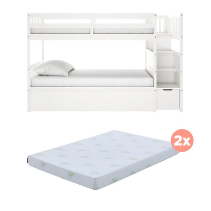 Flavia Timber Bunk Bed & Junior Mattress Package - White features a white wooden bunk bed with built-in stairs and shelves, paired with two slim foam mattresses, optimizing style and space for children's rooms.
