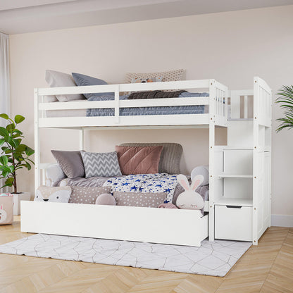 Flavia Timber Bunk Bed & Junior Mattress Package - White: Modern bunk bed with upper guardrail, cozy lower daybed, storage staircase, visible geometric rug, and decorative cushions including chevron and plush bunny.
