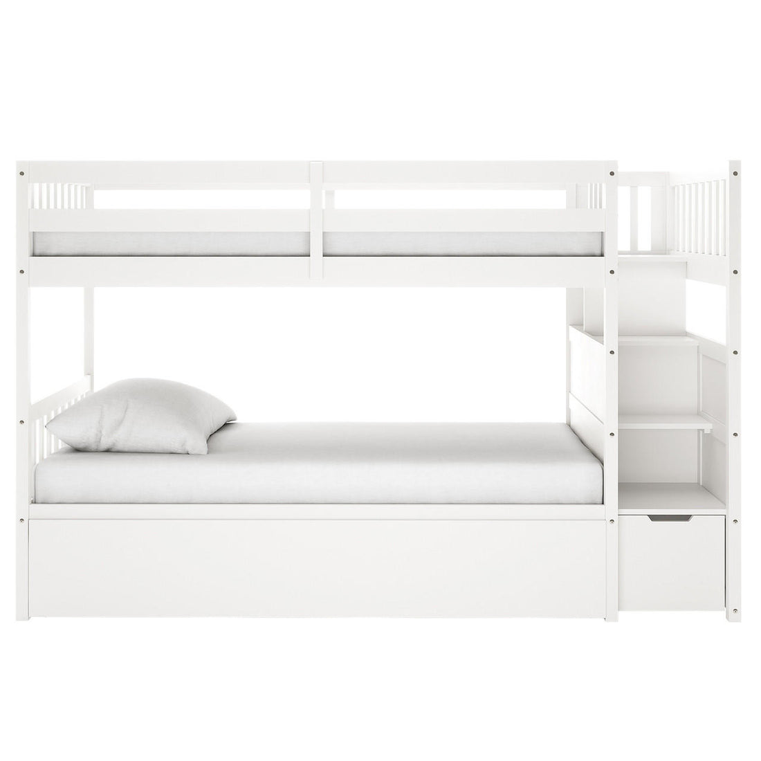 Flavia Timber Bunk Bed & Junior Mattress Package - White; features a sleek all-white wooden design with an upper bunk guardrail, built-in storage staircase, and lower bunk with mattress and pillow.