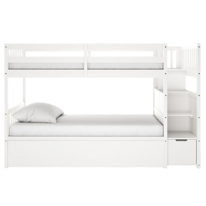 Flavia Timber Bunk Bed & Junior Mattress Package - White; features a sleek all-white wooden design with an upper bunk guardrail, built-in storage staircase, and lower bunk with mattress and pillow.