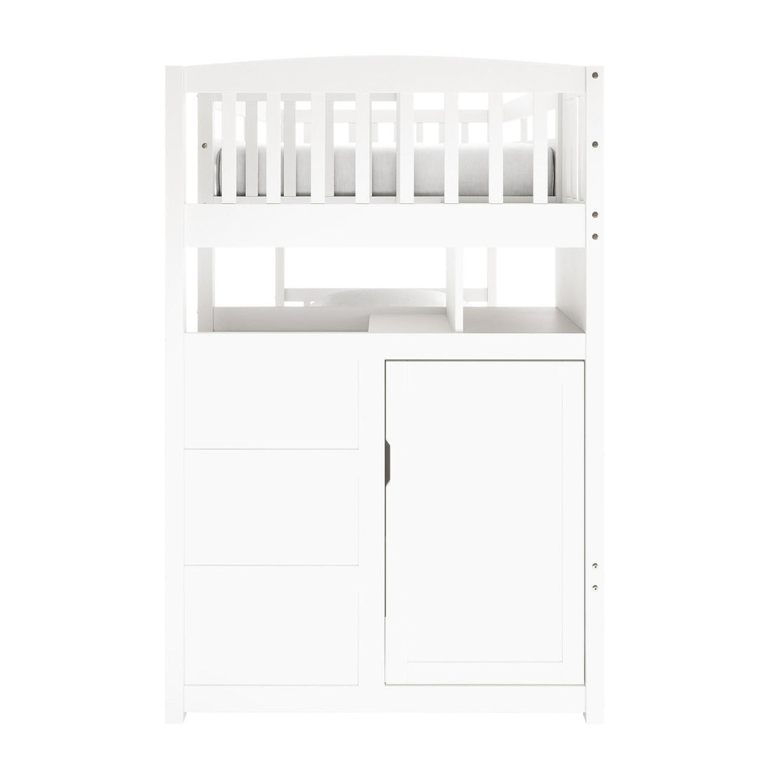 Flavia Timber Bunk Bed & Junior Mattress Package - White: Loft-style bed with top bunk guard rails, built-in storage including drawers, cubby, and cupboard, showcasing functional design for children's room.
