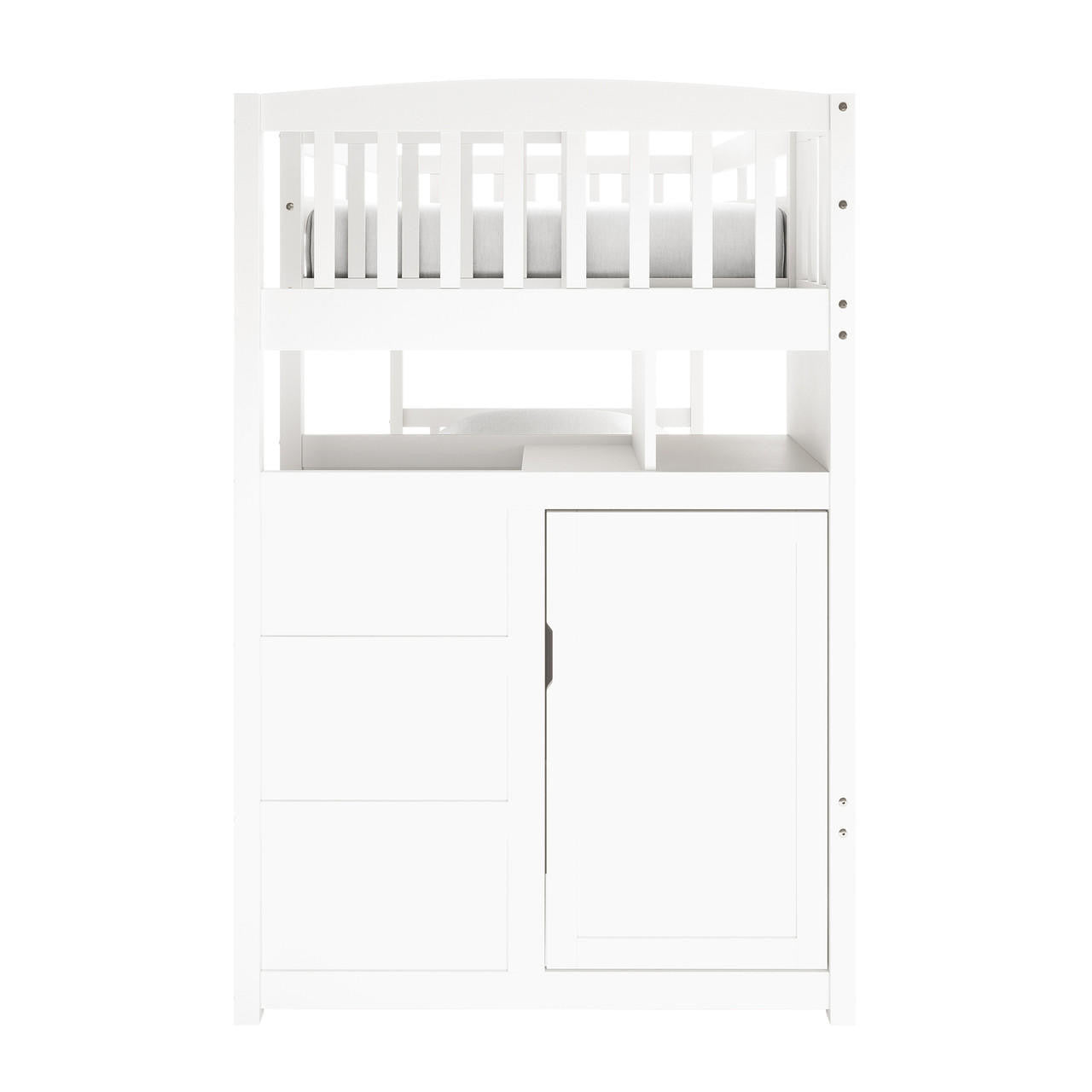 Flavia Timber Bunk Bed & Junior Mattress Package - White: Loft-style bed with top bunk guard rails, built-in storage including drawers, cubby, and cupboard, showcasing functional design for children's room.