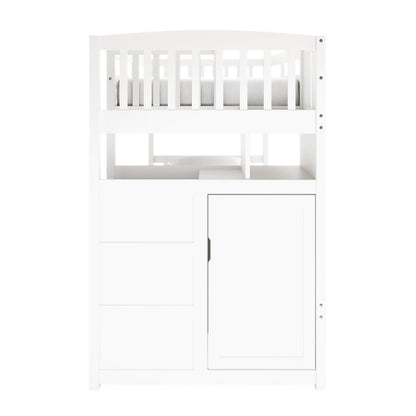 Flavia Timber Bunk Bed & Junior Mattress Package - White: Loft-style bed with top bunk guard rails, built-in storage including drawers, cubby, and cupboard, showcasing functional design for children's room.