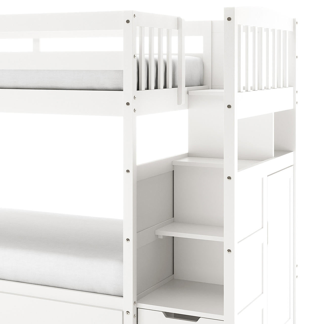 Flavia Timber Bunk Bed & Junior Mattress Package - White, showcasing a white wooden bunk bed with a guard-railed top bunk, built-in storage staircase, and lower bunk directly beneath, perfect for space-saving and stylish children's rooms.