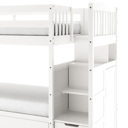 Flavia Timber Bunk Bed & Junior Mattress Package - White, showcasing a white wooden bunk bed with a guard-railed top bunk, built-in storage staircase, and lower bunk directly beneath, perfect for space-saving and stylish children's rooms.