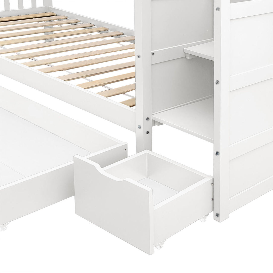 Flavia Timber Bunk Bed & Junior Mattress Package - White, partially assembled with horizontal slats, pull-out drawer, built-in shelving, showcasing a space-saving, functional design for children's rooms.