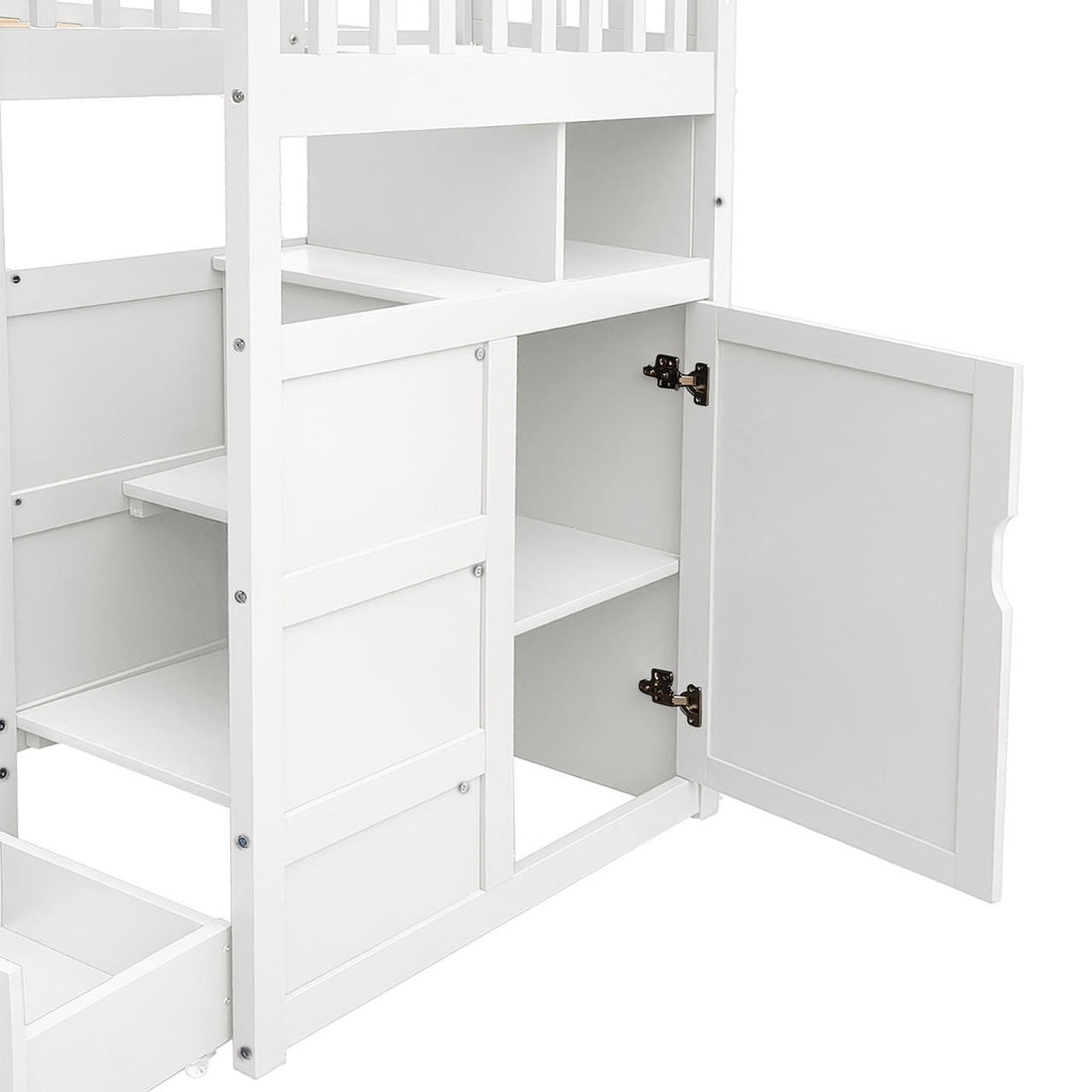 Flavia Timber Bunk Bed & Junior Mattress Package - White showcases the lower storage unit with an open hinged cabinet, internal shelf, cubby shelves, and a pull-out drawer for organized functionality.