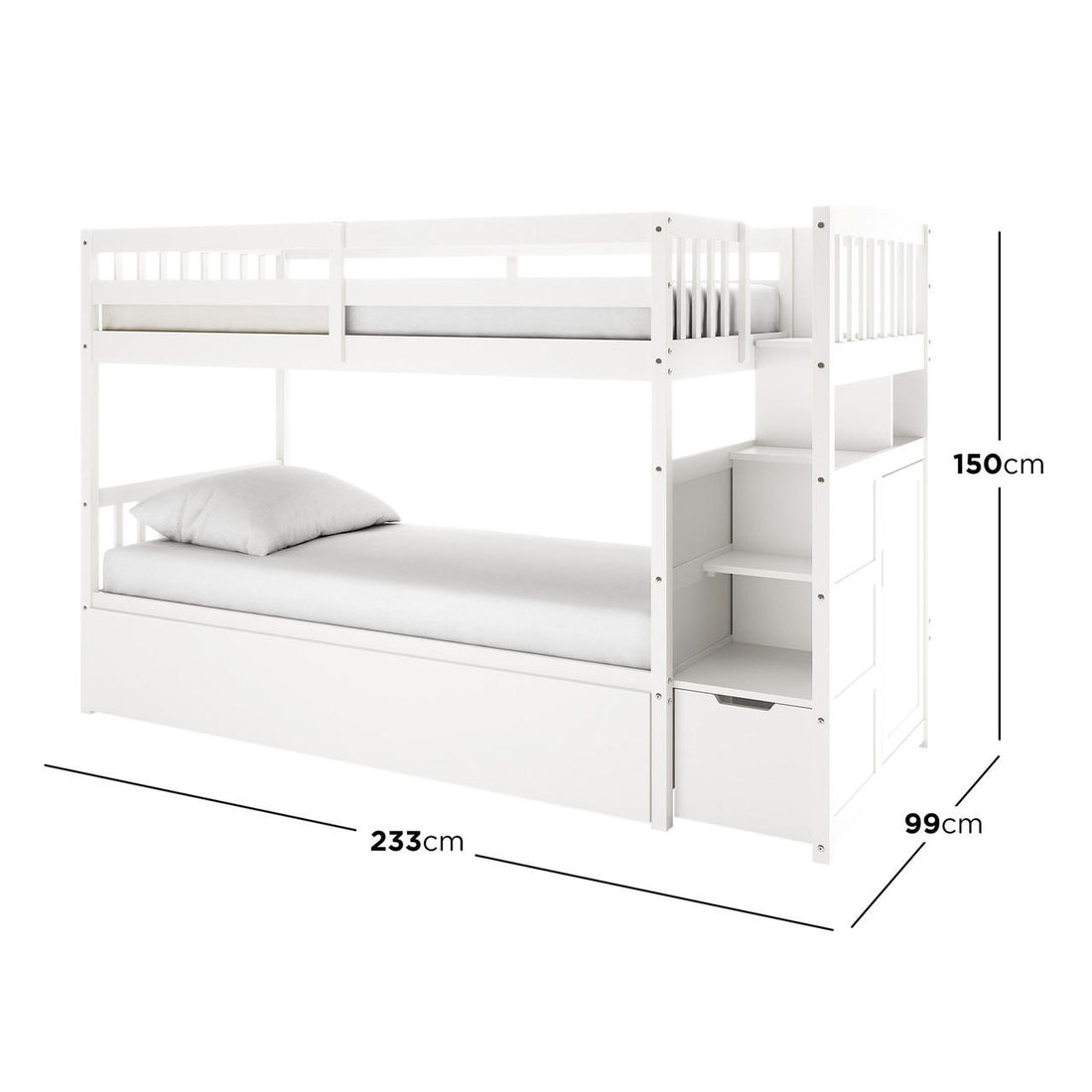 Flavia Timber Bunk Bed & Junior Mattress Package - White features a top bunk with safety rails, pull-out trundle, and right-hand staircase with drawers and shelves, optimizing space with style and safety.