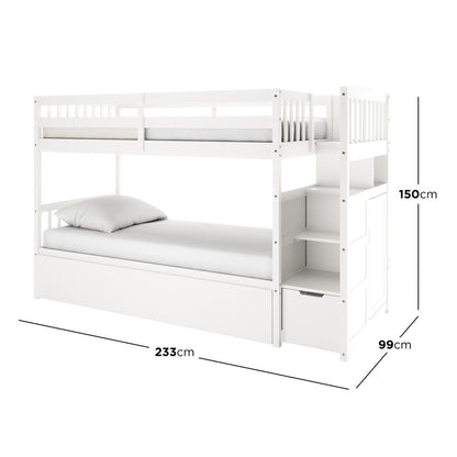 Flavia Timber Bunk Bed & Junior Mattress Package - White features a top bunk with safety rails, pull-out trundle, and right-hand staircase with drawers and shelves, optimizing space with style and safety.