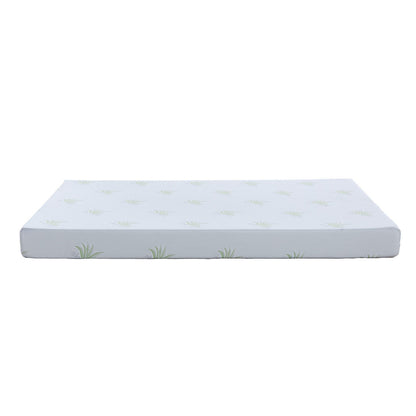 Flavia Timber Bunk Bed & Junior Mattress Package - White: Features a foam-style mattress topper with a white cover and small green aloe-leaf motifs, ideal for enhancing bedroom comfort and style.