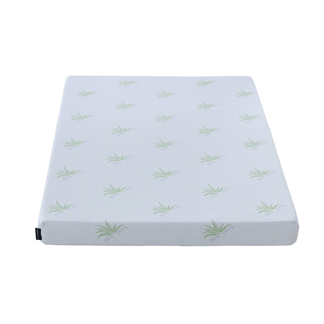 Flavia Timber Bunk Bed & Junior Mattress Package - White features a rectangular mattress topper with a white knit cover patterned with green aloe vera logos, indicating aloe vera-infused fabric.