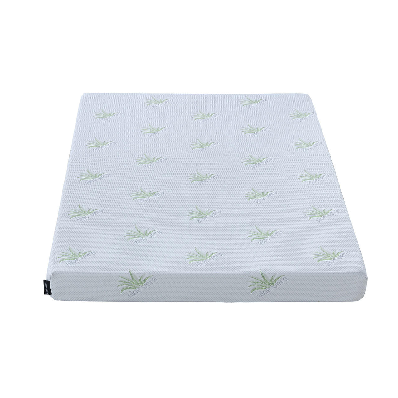 Flavia Timber Bunk Bed & Junior Mattress Package - White features a rectangular mattress topper with a white knit cover patterned with green aloe vera logos, indicating aloe vera-infused fabric.