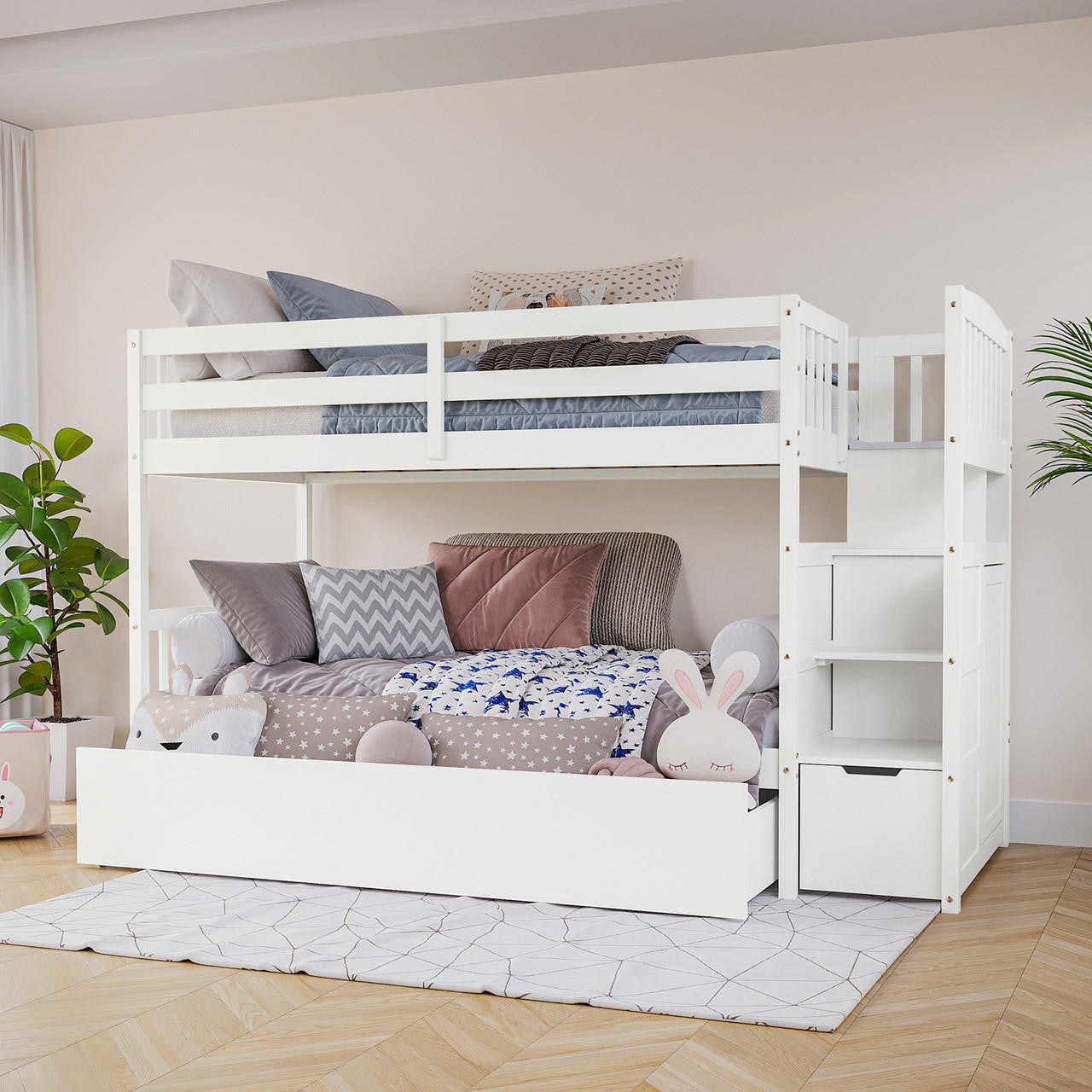 Flavia Solid Pine Wood Staircase Storage Bunk Bed in White, featuring a top bunk with guardrails, a cozy daybed, built-in staircase with storage, and plush toy cushions for a child-friendly bedroom setting.