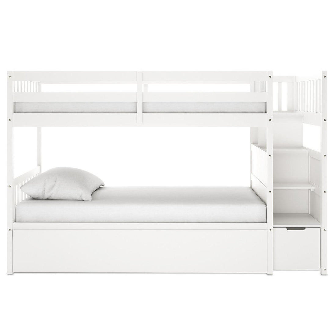 Flavia Solid Pine Wood Staircase Storage Bunk Bed in White features twin bunks with guardrails, built-in staircase with shelves, and a large under-bed storage drawer, combining style and function.