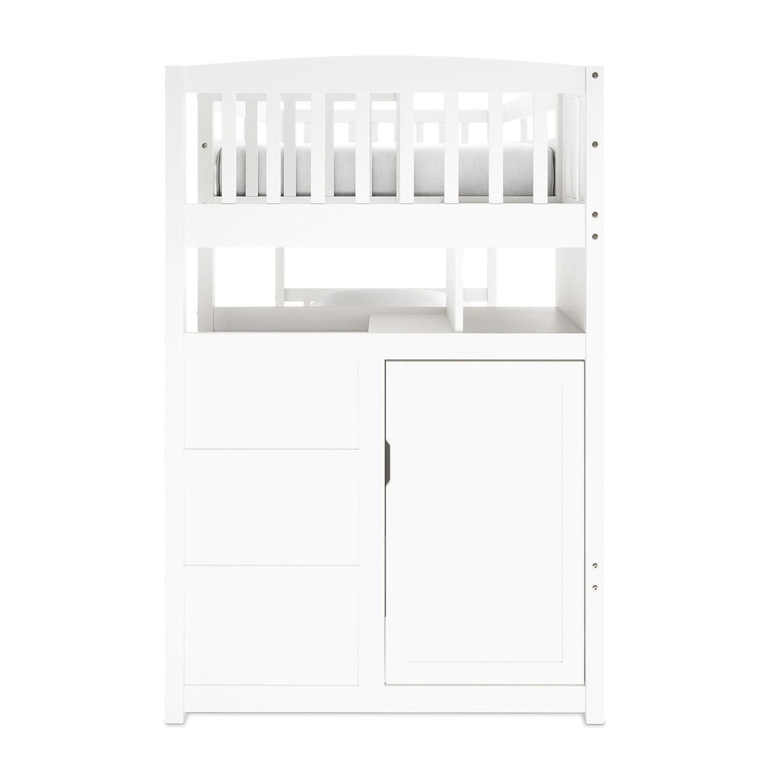 Flavia Solid Pine Wood Staircase Storage Bunk Bed in White features a loft-style design with a top bed, safety rails, and integrated lower storage, including three drawers and a cabinet.