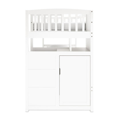 Flavia Solid Pine Wood Staircase Storage Bunk Bed in White features a loft-style design with a top bed, safety rails, and integrated lower storage, including three drawers and a cabinet.