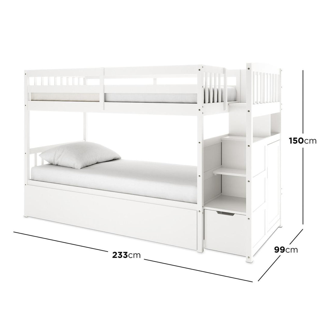 Flavia Solid Pine Wood Staircase Storage Bunk Bed in White features two bunk levels, storage staircase with cubby shelves, and a large drawer, offering a space-saving and organized bedroom solution.