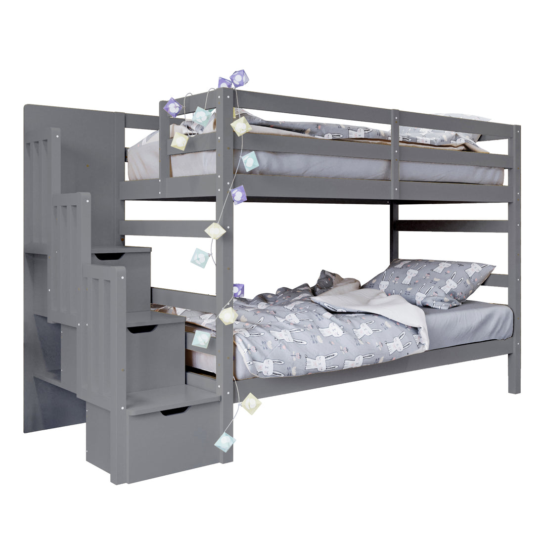 Galla Staircase Storage Bunk Bed - Grey Solid Wood, featuring built-in staircase drawers and side shelves. This sturdy, solid pine wood bunk bed ensures safety with guard rails for a practical children’s bedroom solution.