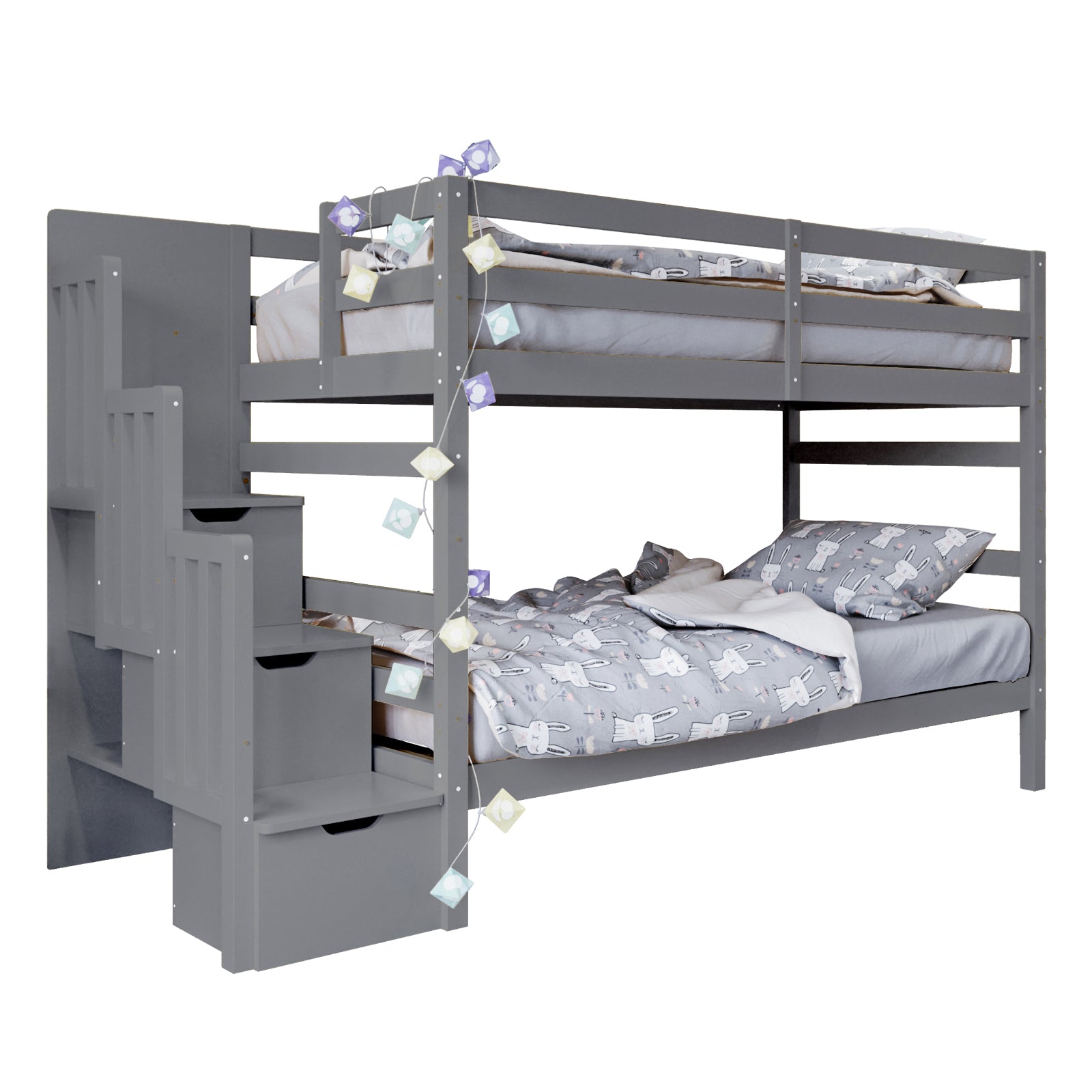 Galla Staircase Storage Bunk Bed - Grey Solid Wood, featuring built-in staircase drawers and side shelves. This sturdy, solid pine wood bunk bed ensures safety with guard rails for a practical children’s bedroom solution.