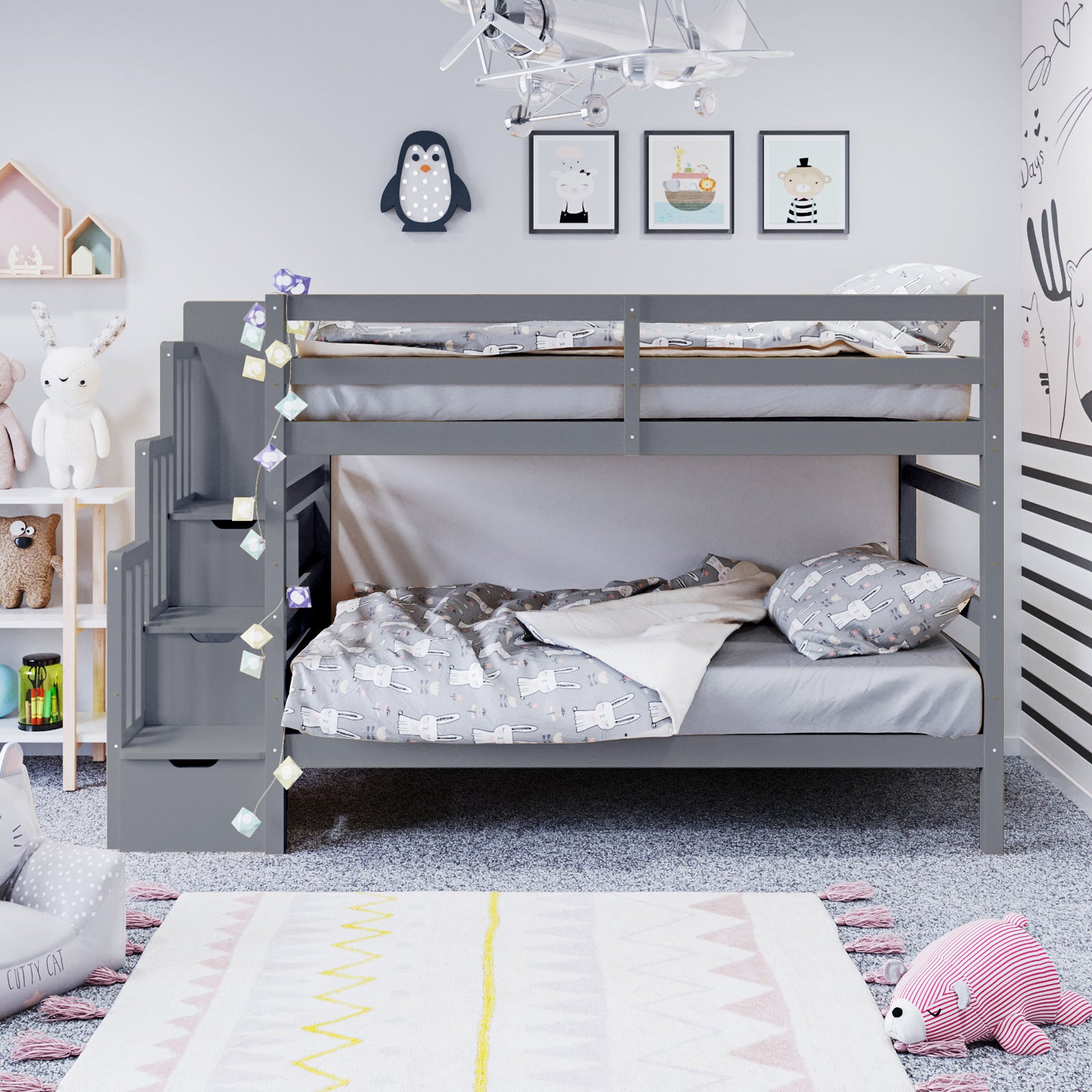 Galla Staircase Storage Bunk Bed - Grey Solid Wood features a sturdy pine wood frame with built-in staircase drawers and side shelves, offering practical storage and safety for children's bedrooms.