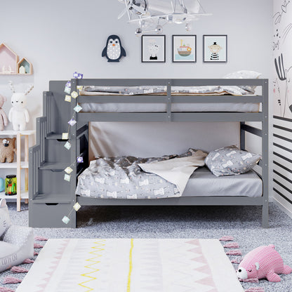Galla Staircase Storage Bunk Bed - Grey Solid Wood features a sturdy pine wood frame with built-in staircase drawers and side shelves, offering practical storage and safety for children's bedrooms.