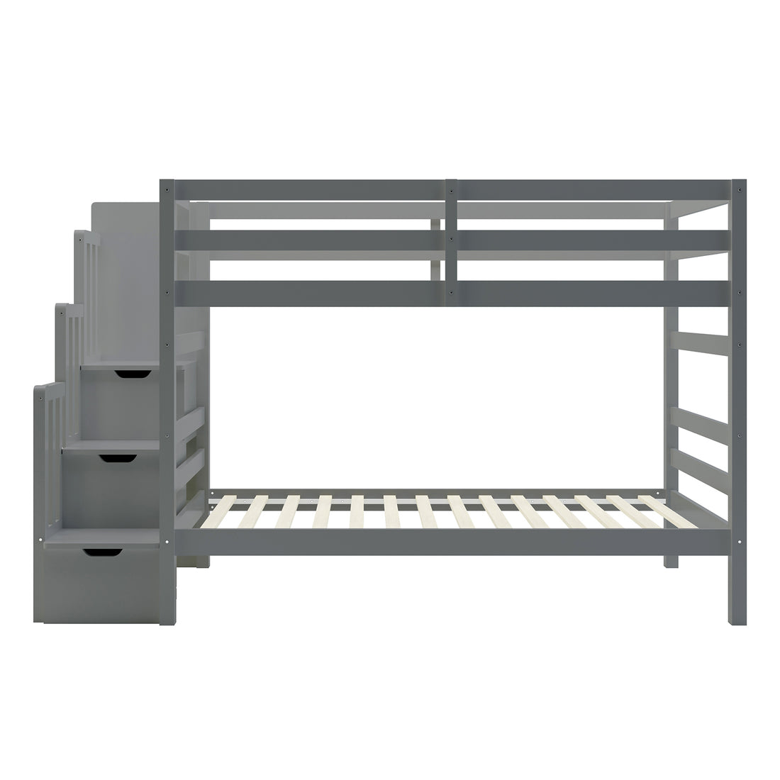 Galla Staircase Storage Bunk Bed - Grey Solid Wood features a sturdy bunk bed design with integrated staircase storage, visible wooden slats, and side shelves, ensuring durability and practical storage solutions.